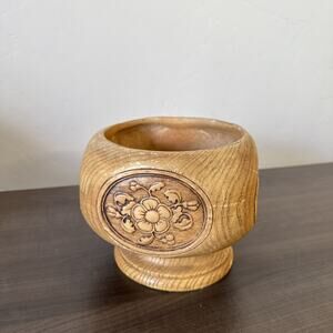 Vintage Indonesian Balinese Hand Carved Wood Container Jar‎ Vase 6.5”x7” Bowl